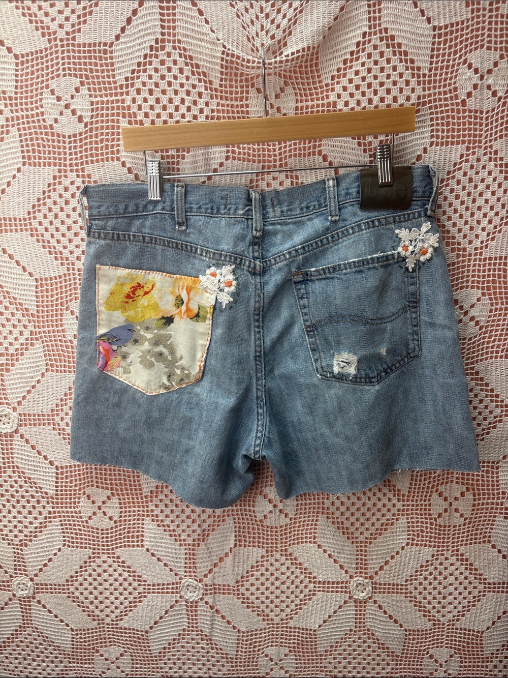 Lee Light Blue Denim Shorts with White Floral Appliqué